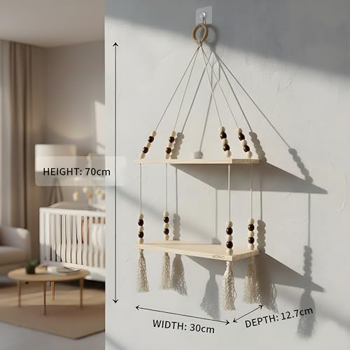 Image of 2-Tier Hanging Shelf with Wall Hook, Use Decor Plants, Books, Decorative Gift Items Nursery Livingroom Wooden Beads & Ring, Tassels Woven Bohemian