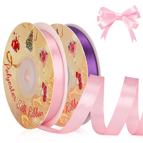 VynyQoo 2 Rollos 10mm Ancho Cinta Regalo, Rosa y Morado Cinta de Raso, 22M de Un Lado Cinta de Satén, Cinta Regalo para manualidades, decoración de regalos, regalos de boda y cumpleaños