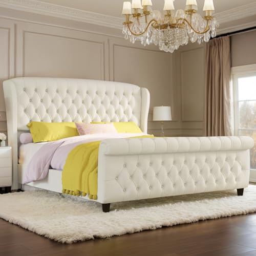 LUXOAK King Size Platform Bed Frame, Chenille Upholstered Sleigh Bed with Curved Headboard & Footboard, Deep Button Tufted, Wood Slats Support, No Box Spring Needed, Cream