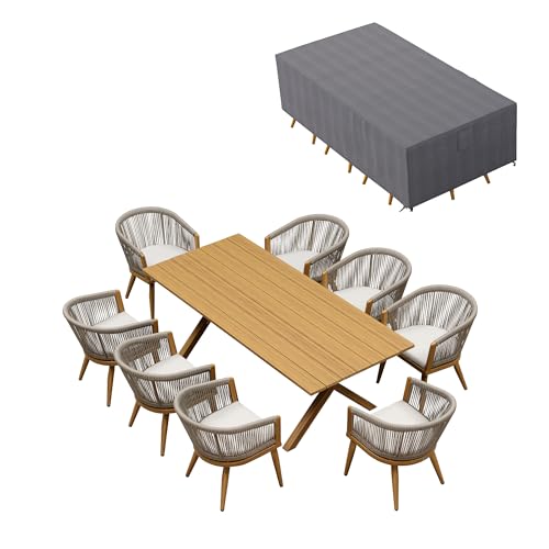 Image of PURPLE LEAF Outdoor Dining Set for 8 with Cushions PE Rattan Teak w /Cover