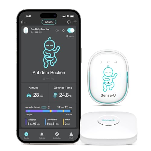 Sense-U Pro Baby-Bewegungsmonitor (große Reichweite): Erfasst Bewegung, Umdrehen & Temperatur überall, mit Vibrationswecker, akustischen Alarmen & Schlaferfassung