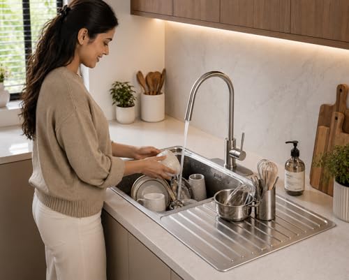 Image of Stainless Steel Kitchen Sink 37x18 Inch with Drain Board | Single Bowl Sink with Drainer | Includes SS Waste Coupling & PVC Pipe | Rust Proof Finish