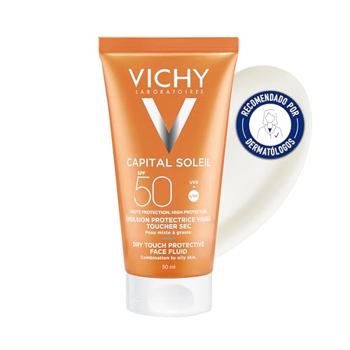 Vichy Crema Protectora de Tacto Seco Para Rostro, Antibrillos, Apta Para Piel Mixta y Grasa Fotoprotección Spf50+ Contra Rayos Uvb y Uva, Capital Soleil, 50 ml