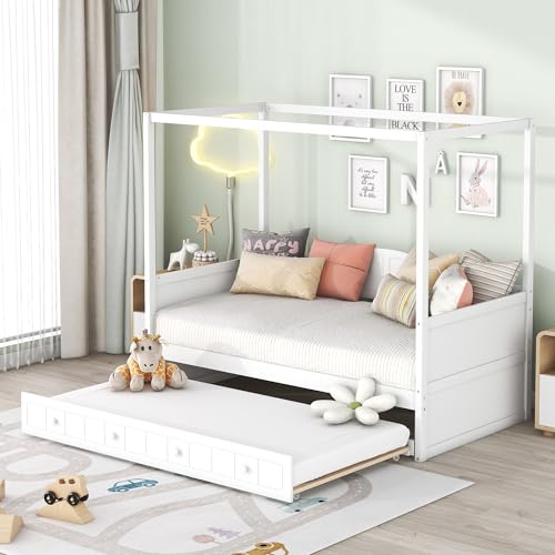 Harper & Bright Designs Twin Canopy Bed with Trundle, Wooden Twin Size Daybed Frame, Twin Sofa Bed, Platform Bed Frame for Kids, Teens, Adults, No Box Spring Required, White