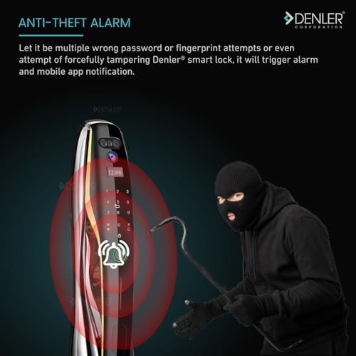 Image of Denler Smart Door Lock with Dual Batteries | 3D Face ID | Fingerprint Door Lock | Anytime Video & Unlock App | LCD Camera | Inbuilt Wi-Fi | Anroid & iPhone Support | RFID Card (Curvy Matt Black)