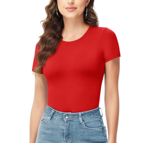 TNNZEET Bodysuits for Women - Black Bodysuit Women Tops Round Neck T Shirts for Women Fashion Body Suit Going Out Tops