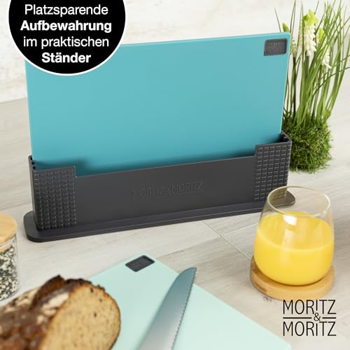 Foto von Moritz & Moritz 3x Schneidebrett Kunststoff Set - 32 x 22 cm - Im praktischen Ständer – Küchenbrett Groß – Spülmaschinengeeignet und hygienisch