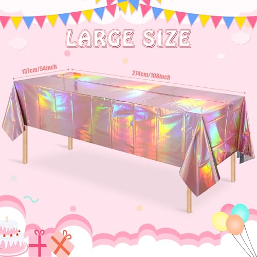 Image of 3 Pack Rose Gold Plastic Tablecloth, Disposable Rectangle Table Covers, Holographic Metallic Foil Tablecloth Pink Party Supplies Decorations for Birthday Wedding Anniversary Bridal Shower, 54x108Inch