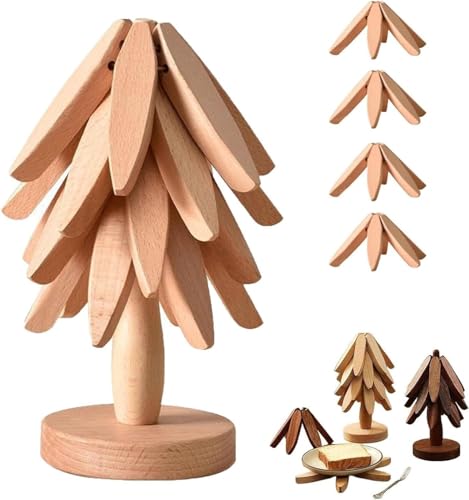 Wooden Trivet Tree Coasters Stackable, Christmas Tree Shaped Trivet Set, 3/4/5+1 Natural Wood Kitchen Hot Dish Holder Xmas Decor (4 Trivets - F)