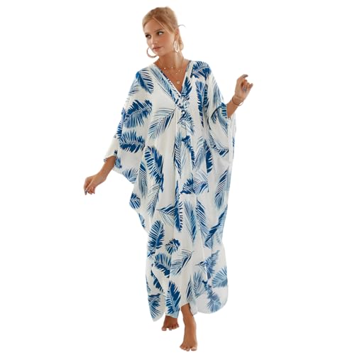 Image of Miss Lavish London Kaftan Dresses for Women Plus Size Long Batwing Sleeve Caftans, V Neck Moo Moo Printed Beach Cover Up Maxi Beach Dress, Bathing Suit Cover-Up Loungewear