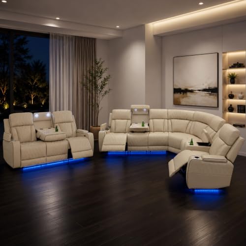 Image of Power Reclining Sectional Sofa Set, Beige Air Leather Recliner Couch with Wireless Charging, Reading Lights, Cup Holders, USB & Type-C Ports, Storage Console for Living Room Home Theater