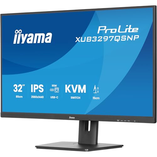 iiyama Prolite XUB3297QSNP-B1 Écran LED IPS QHD 100 Hz HDMI DP-in/Out DaisyChain Station d'accueil USB 3.2 USB-C 95 W RJ45 (LAN) Commutateur KVM Réglage de la Hauteur Pivot AdaptiveSync Noir