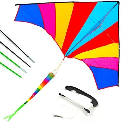 ALLON Rainbow Delta Kite for Kids & Adults, Easy to Assemble and Fly Large Beach Toy Kite for Boys & Girls, Giant Size 60 x 80 Inches, Bonus with 330' String Line