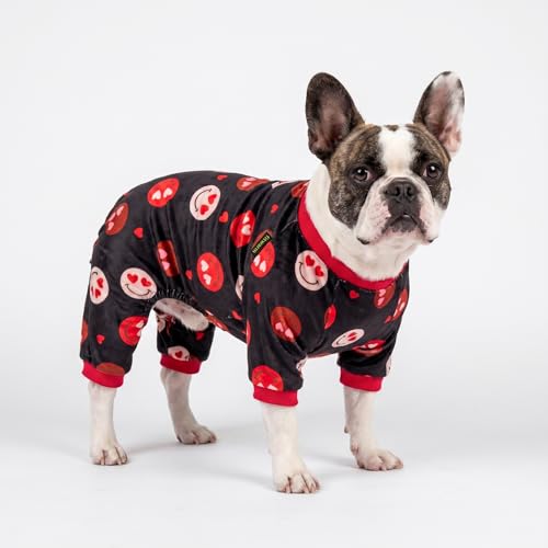 Image of Fitwarm Hearts Eyes Smily Face Dog Pajamas, Cozy Valentines Outfit for Small Dogs Boy Girl, Festive Pet Clothes, Black, Red, Medium
