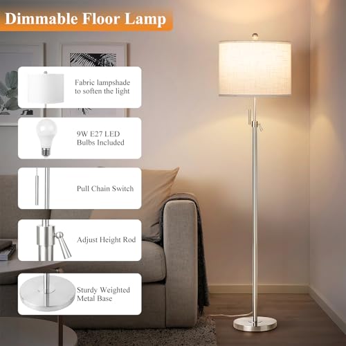 Floor Lamp, Modern Standing Lamp with 9W 3 Color Temperatures Bulb & Lampshade,55"-67" Height Adjustable, Industrial Tall Floor Lamps for Living Room, Bedroom, Office-Silver - Image 4