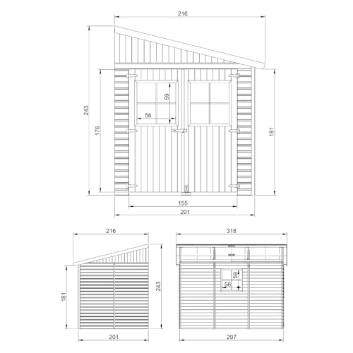 Holz Gartenschuppen (ohne Seitenwand) - Abstellkammer mit Fenstern - H244x211x318 cm/6 m2 Naturholz-Shiplap-Schuppen - Gartenwerkstatt - Fahrrad- Geräteschuppen TIMBELA M339