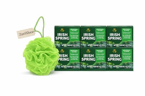 Irish Spring Bar Soap Bundle with ZuriShea Mesh Bath Sponge - Includes 6-Pack Irish Spring Bar Soap (4oz) & Exfoliating Bath Sponge.