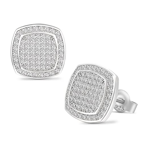 TRUMIUM Sterling Silver Earrings for Men Silver Diamond Layered Iced Out Square Cz Stud Earrings Platinium Screw Back Hypoallergenic