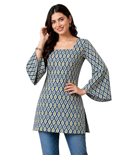 Image of SONISHA Women's Rayon Floral Print Short Kurti for Women Elegance Square Neck, Long Sleeves with Style Criss Cross Back Kurti, Top for Office Wear, Casual, Outdoor
