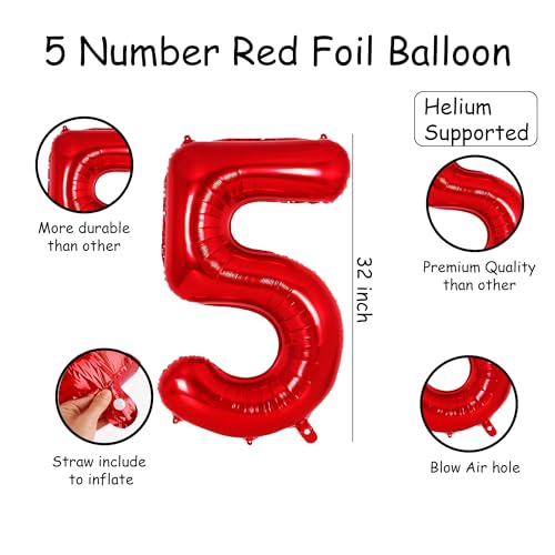 Image of Red 5 Number Foil Balloon with Crown & Base Balloons | 32 Inch Helium Supported for Birthday, Anniversary, Baby Shower Decoration - Pack of 14