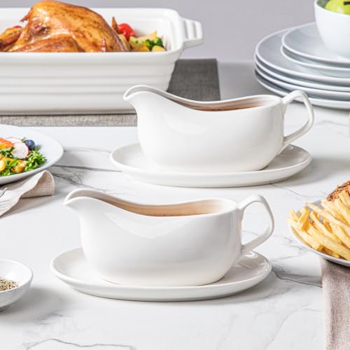 Image of MALACASA 17 oz Gravy Boat with Saucer Stand, Porcelain Sauce Boat with Tray for Salad Dressings, Creamer, Broth, Milk, Ergonomic Handle, Microwave & Dishwasher Safe (White)