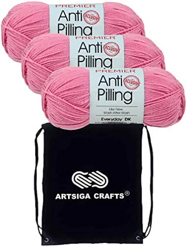 Image of Premier Yarns Anti-Pilling Everyday DK Carnation 1107-37 (3-Skeins-Same Dye Lot) DK Light Worsted #3 Anti-Pilling Acrylic Yarn for Crocheting and Knitting with Project Bag