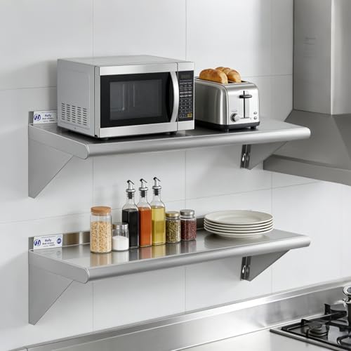 Image of Hally Stainless Steel Shelf Wall Mounted Metal Shelf Wall Shelf 10 x 36 NSF Heavy Duty 315 lb Capacity, Commercial Wall Mounted Storage Rack for Kitchen, Garage, Laundry Room 2 Pack