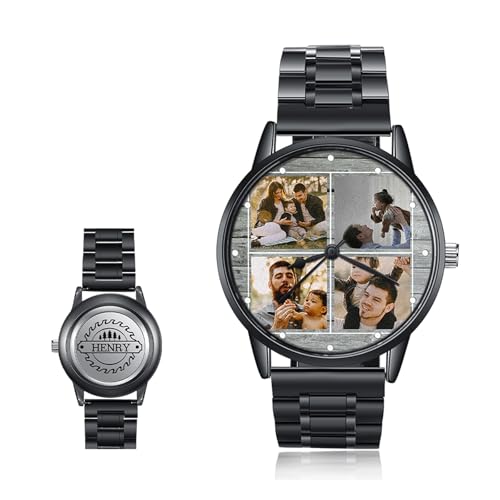 kaululu Montre Homme Personnalisé avec Photo et Nom Gravés, Montre Bracelet en Cuir PU et Acier Inoxydable, Cadeau pour Papa, Mari, Papy, Cadeaux pour Fête...
