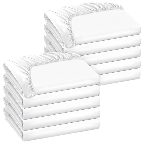 M-Aimee 10 Pack Bedding Twin Fitted Sheets Bulk Fitted Bed Twin Size Sheet 39'' x 75'' Single Size Bottom Sheets up to 12 Inches, Ideal for School Dormitory Home Salons Hotels (White)