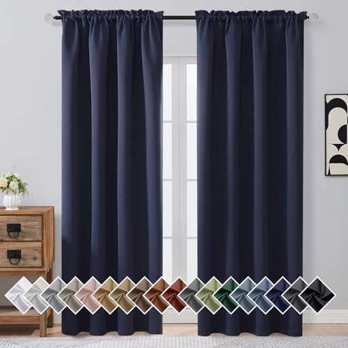 Image of Navy Blue Blackout Curtains for Bedroom 90 Inch Length 2 Panels, Room Darkening Soft Fabric Curtain Panels for Living Room, Modern Window Treatments Dual Rod Pocket Design, 2x50Wx90L Inches