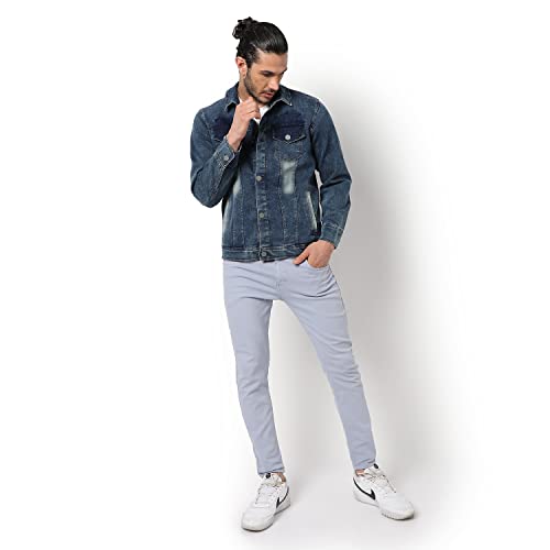 Image of Campus Sutra Men's Medium-Washed Blue Regular Fit Denim Jacket For Winter Wear | Collared Neck | Full Sleeve | Buttoned | Casual Denim Jacket For Man | Western Stylish Denim Jacket For Men