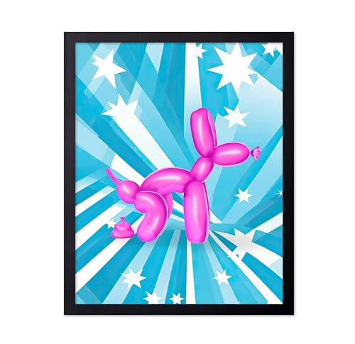 Poster Master Pooping Balloon Dog Print - Blue Preppy Poster - Trendy Pop Art - Funny Bathroom Decorations - Humorous Guest Bath Wall Design - Modern Restroom Sign Decor - 8x10 Black Framed