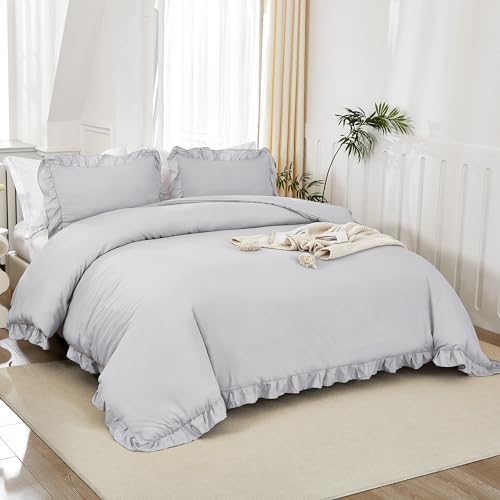 Image of Litanika Light Grey Full Size Comforter Sets, 3 Pieces Ruffle Farmhouse Aesthetic Bedding Comforter Sets, All Season Soft Lightweight Fluffy Microfiber Bed Set(79x90In Comforter, 2 Pillowcases)
