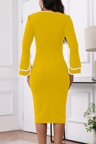 Image of Church Dress for Women Flared Sleeve Midi Pencil Dress Elegant Teacher Office Business Wear to Work Dresses