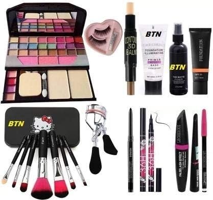 BTN TRADERS Face Makeup Kit Brush set with 3D contour stick, Primer, Fixer, Foundation, Kajal, Waterproof 36H Sketch eyeliner and 3in1 Combo set and eyelashes with inside glue (Pack of 11)