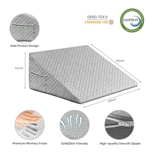 Wedge Pillow, 12 Inch Bed Wedge Pillow for Headboard, Pillow Wedge for Acid Reflux Relief, After Surgery, Sleeping,Back Pain Relief, Memory Foam Top, Darkgrey