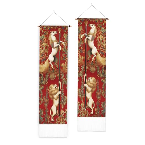 Tapisserie verticale rétro PLIGREAT lot de 2 tentures murales étroites avec pompons pour salon