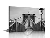 Brooklyn Bridge Wall Art Painting on Canvas Black and White Bedroom Wall Art Modern Home Decor New York City Skyline House Decorations for Living Room Pictures Stretched on Wooden Frame, 12'Wx18'H
