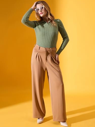 Image of 98 Degree North Women Ribbed Collar Neck Pullover-G1154-BROWN