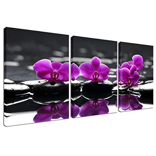 Flower Painting Wall Art Canvas - Modern Picture Frame Purple Orchid Black Stone Floral Wall Decorations for Living Room Home Kitchen Bedroom Farmhouse Decor Spa Poster Zen Print 3 Panel Set 12''x16''