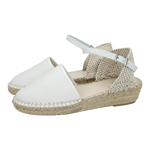 CONDIZ 225 Esparteñas Blancas para niñas, esparteñas de comunión para Chicas, con Hebilla y Plantilla de Piel, Hechas en España NIÑA Zapato COMUNIÓN Blanco 36