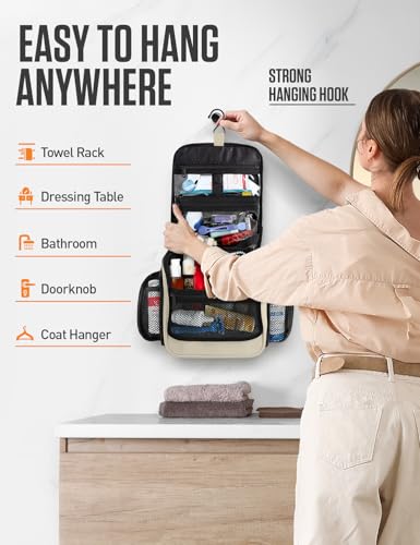 Image of VENTURE 4TH Hanging Travel Toiletry Bag, 18 Compartments - Beige | Hangs on rails, hooks or doors; stands upright. Removable TSA pouch. Water-resistant Nylon 290D Twill, reinforced stitching.