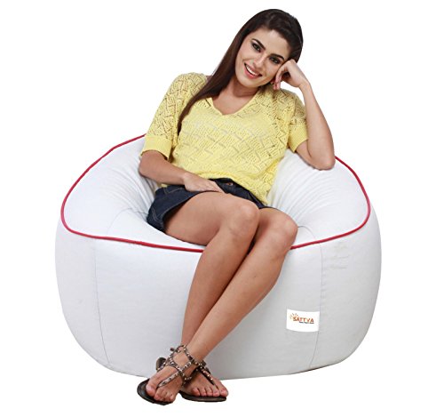 Image of Sattva Combo Muddha Bean Bag Cover and Round Footstool Cover (Without Beans) - (White with Red Piping)