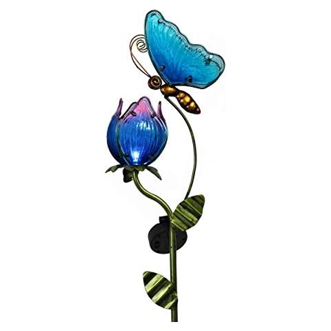 TERESA'S COLLECTIONS Garden Ornaments Outdoor for Garden Gifts, 106cm Metal Butterfly Tulip Solar Stake Lights, Waterproof Flower and Animal Solar Lights for Garden Decorations Patio Lawn Yard Cover