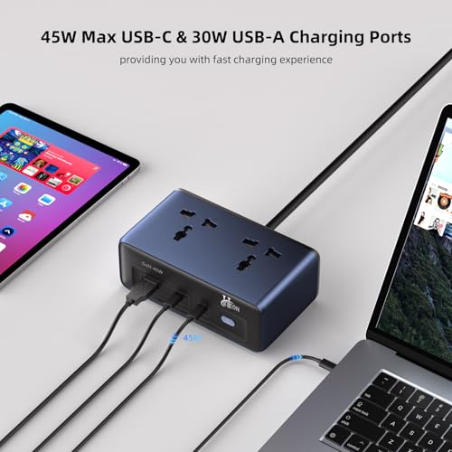Image of Hoteon Extension Board with Surge Protection, 45W USB-C PD Fast Charging (GaN), 10A /2500W Spike Guard, 2 Universal Sockets, 2 Type-C + 1 USB-A, 2m Extension Cord with Indian 3-Pin Plug for Home /Office