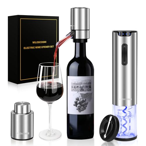 WILOSCOSMI Electric Wine Opener & Automatic Wine Bottle Opener Rechargeable - 4-in-1 with Electric Wine Aerator & Dispenser, Foil Cutter and Vacuum Stopper, Wine Gift Set for Women, Men