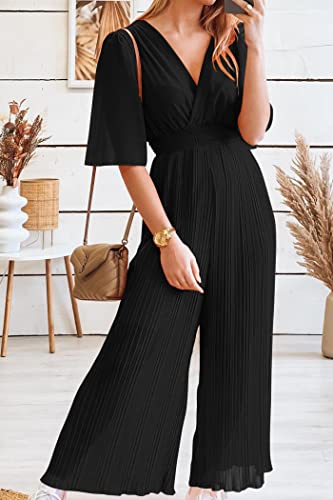 Prettygarden Women's Jumpsuits Casual Wrap V Neck Ruffle Sleeve Wide Leg Flowy Romper One Piece Summer Outfits (Black,X-Large) #TOP5