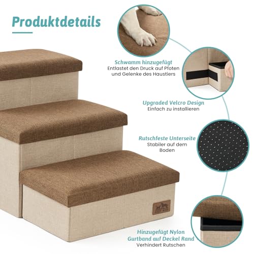 COZY KISS Hundetreppe für Kleine Hunde mit Stauraum, Breite Haustiertreppe Faltbare für Bett und Couch, Hunderampe mit Rutschfestem Boden, Lecksichere (Braun, 43x72x42.5cm, 3)