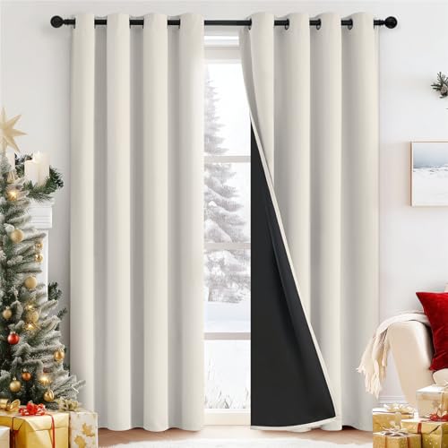 Image of Yakamok Cream Blackout Curtains 84 inches Long for Bedroom 52" Wide 2-Panel | Thermal Insulated Window Treatment Total Blocking Panels with Black Liner for Living Room/Dining Room/Kids Room Grommet Top