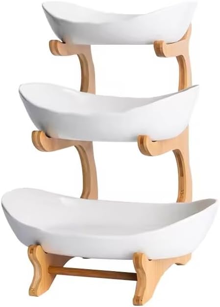 D'CENT EVERYDAY LUXURY - 3 Tier Ceramic Fruit Bowl with Bamboo Wood Stand for Kitchen Counter,Porcelain Fruit Basket for Vegetable Storage,Snack Dessert Cake Tray Plate Rack for Party Wedding - White